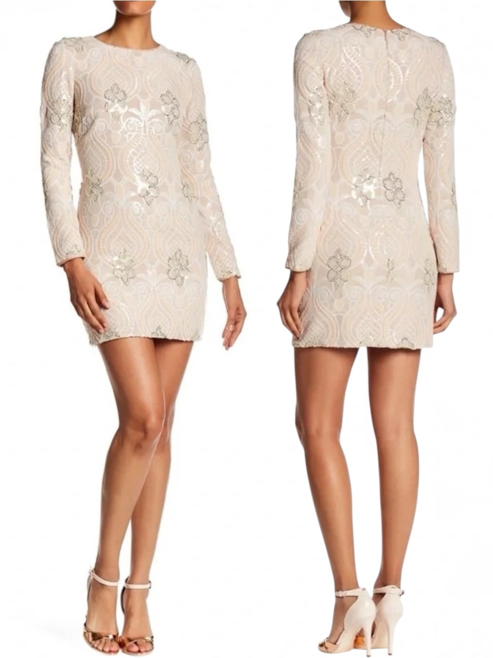 Dress the Population Naomi Sequin Mini Dress Nude Cream Long Sleeve size Large